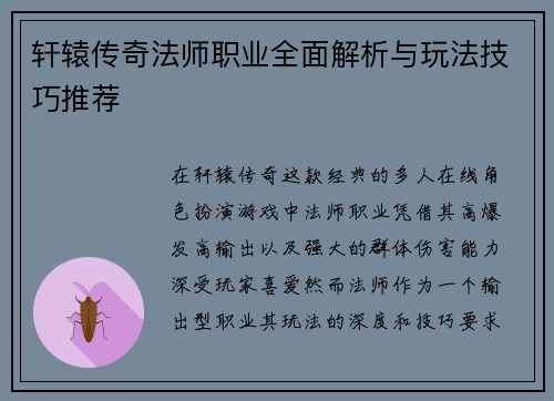轩辕传奇法师职业全面解析与玩法技巧推荐 轩辕传奇法师职业全面解析与玩法技巧推荐